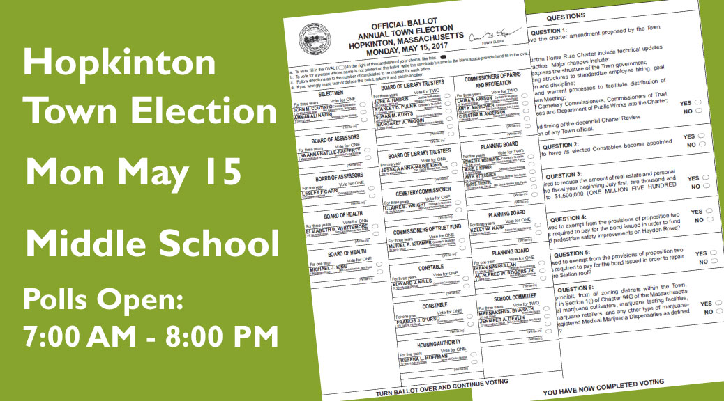 Vote Monday for Selectmen, Planning Board, Parks & Rec, Library Trustee and 6 Ballot Questions