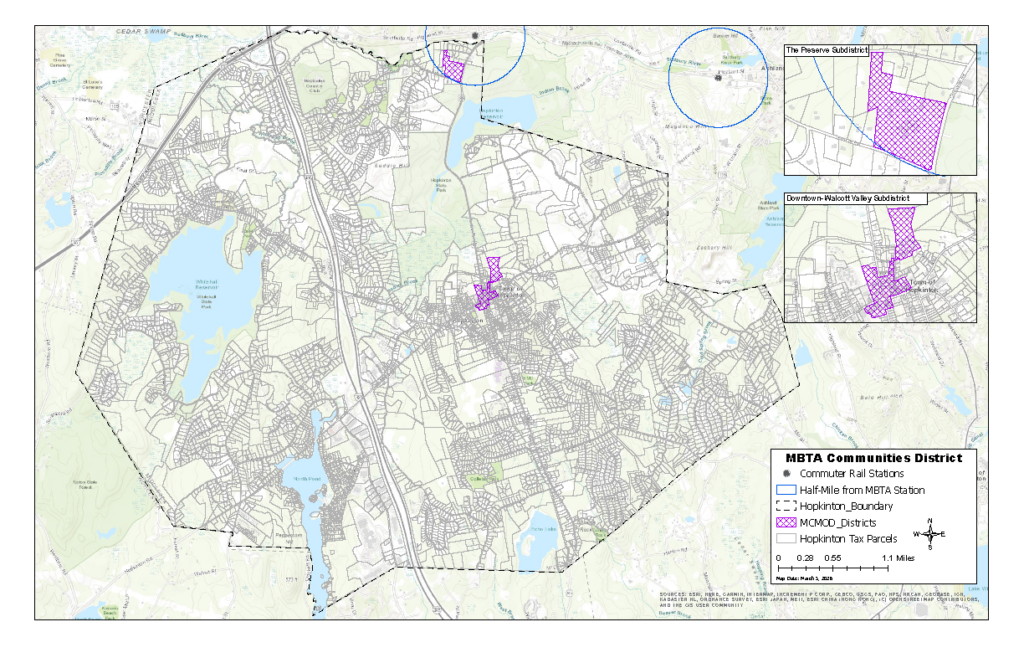 Zoning map highlighting the proposed MBTA Communities Multi-Family Overlay District areas in purple.